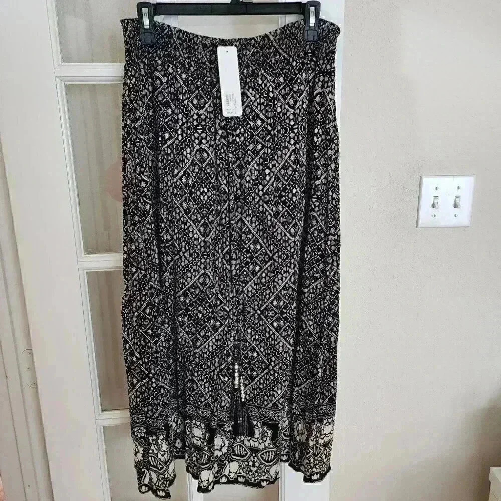 NWT Soft Surroundings Black Elastic Boho Drawstring Skirt Casual Size PM
